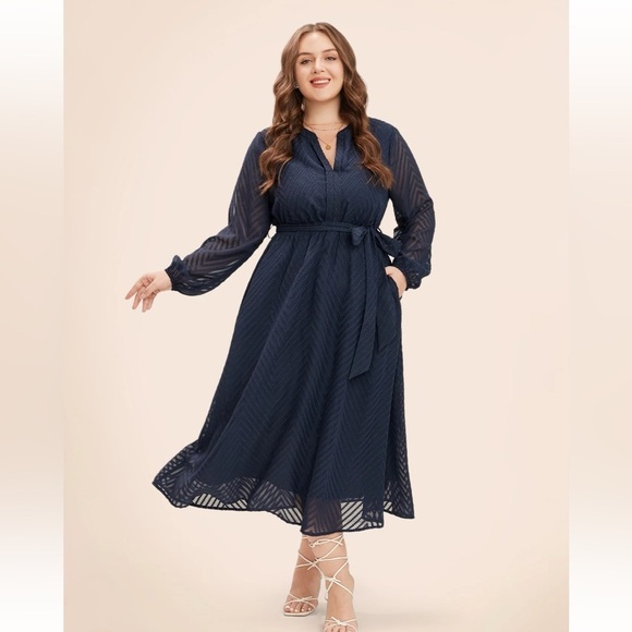 BloomChic Plus Size XL Solid Geometric Pocket Mesh Lantern Sleeve Belted Dress - Picture 2 of 10